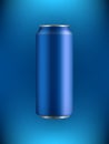 Blue Aluminum can with drink in liquid with bubbles of gas on background with backlight